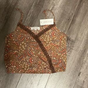 Pink Rose Brown Floral Crochet-Trim Camisole with Spaghetti Straps